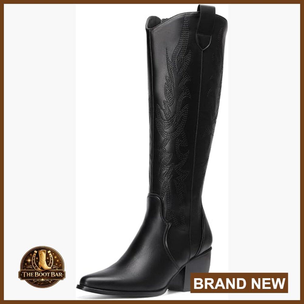 NIB! Womens Knee High Cowboy Boots Chunky Heel Pointed Toe Embroidered Western